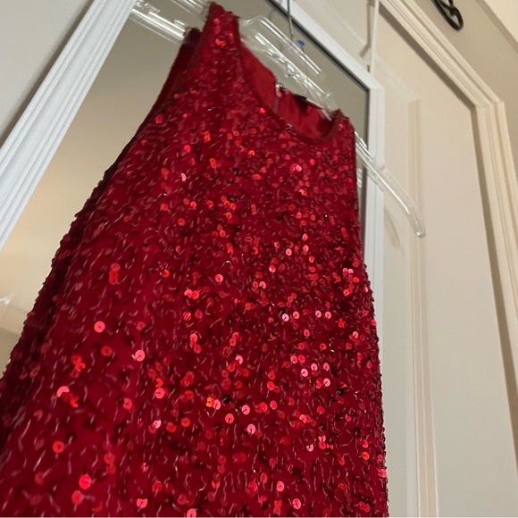 Vintage Scarlett Red 90s Y2K Beaded Formal Evening Gown Leg Slit - Picture 3 of 8